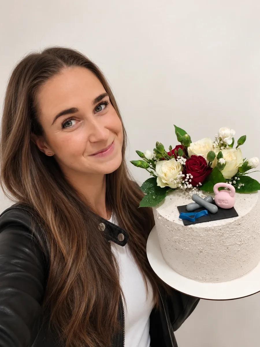 Tereza s dortem ozdobeným růžemi a fitness figurkami